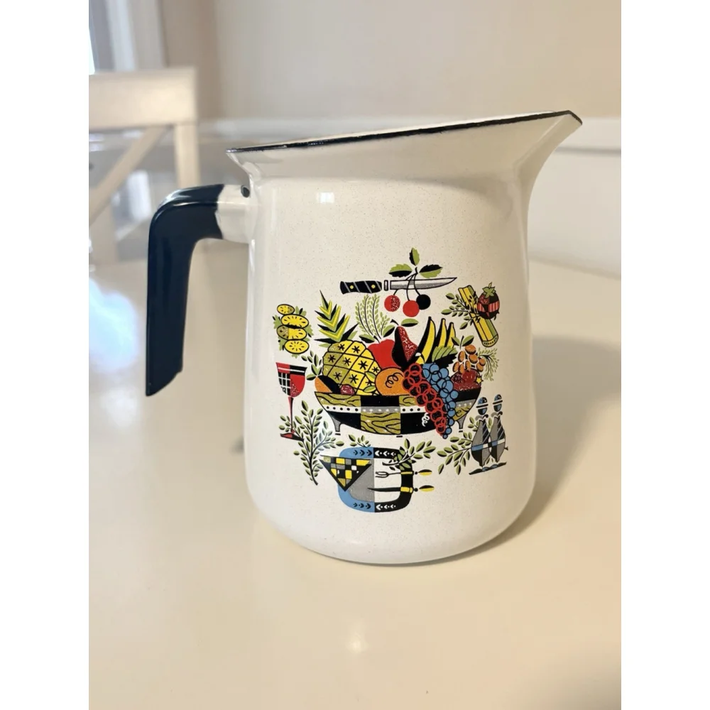 Vintage Enamelware Pitcher Folk Art Fruit Mid Century Farmhouse Kitchen Jug